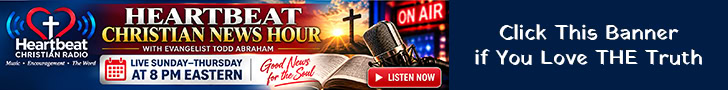 Heartbeat Christian News Hour live broadcast banner with Christian symbols and on-air indicator.