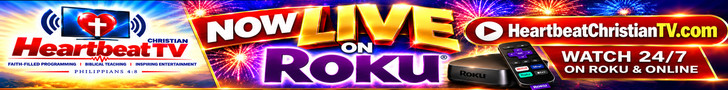 Heartbeat Christian News logo with Roku streaming details and live broadcast info.