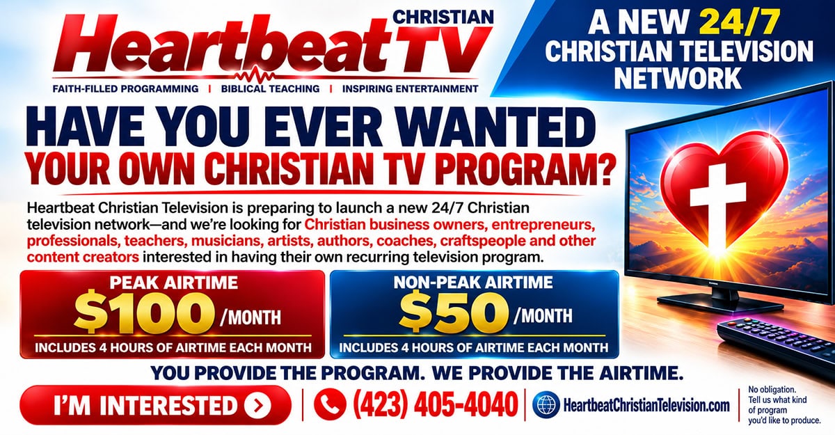 Promotional image for Heartbeat Christian TV with TV and heart logo.
